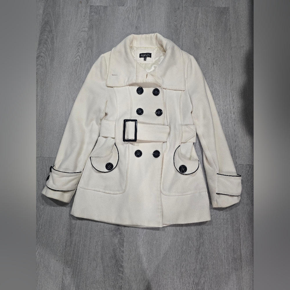 Rue21 Cream Double-Breasted Peacoat with Black Trim